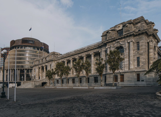 New Zealand Parliament buildings, with paved forecourt.